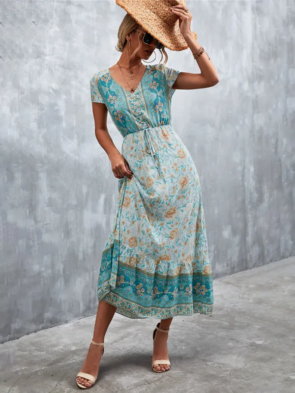 Floral V-Neck Waist Tie Ruffle Hem Midi Maxi Dress