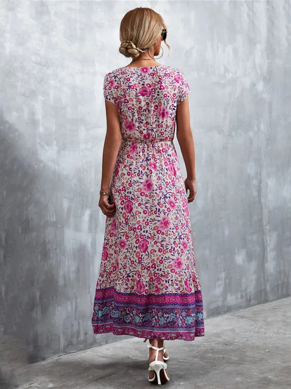 Floral V-Neck Waist Tie Ruffle Hem Midi Maxi Dress