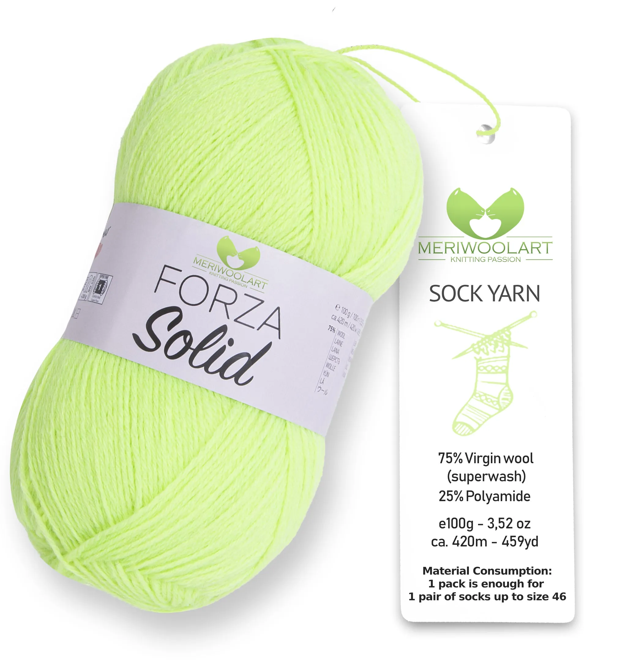 FORZA SOLID Neon Yellow-4630 WOOL SOCK YARN 100g 420m