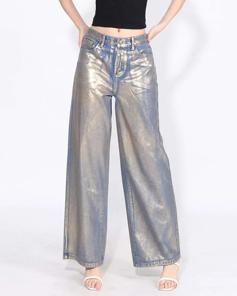 Gold Bronzed High Waisted Baggy Wide Leg Casual Jeans