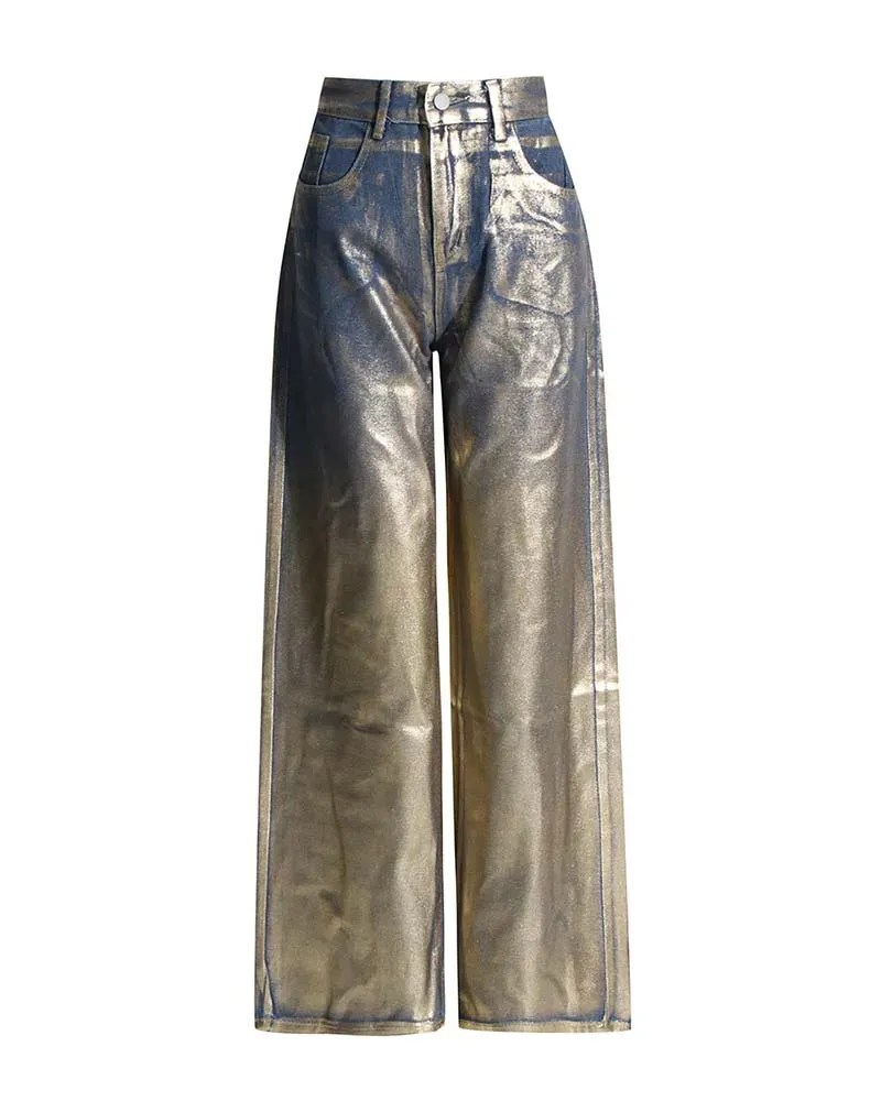 Gold Bronzed High Waisted Baggy Wide Leg Casual Jeans