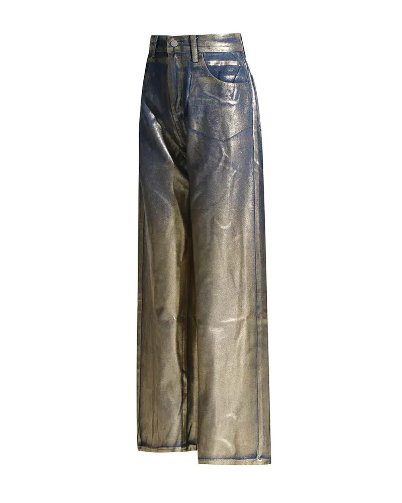 Gold Bronzed High Waisted Baggy Wide Leg Casual Jeans