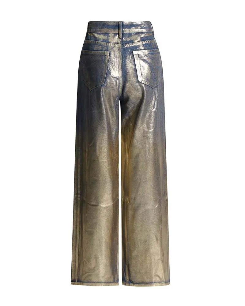 Gold Bronzed High Waisted Baggy Wide Leg Casual Jeans