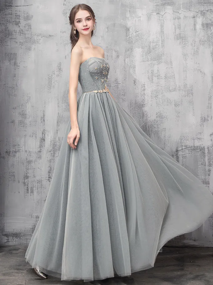 Gray A-line Tulle Long Prom Dress Gray A-line Formal Evening Dress