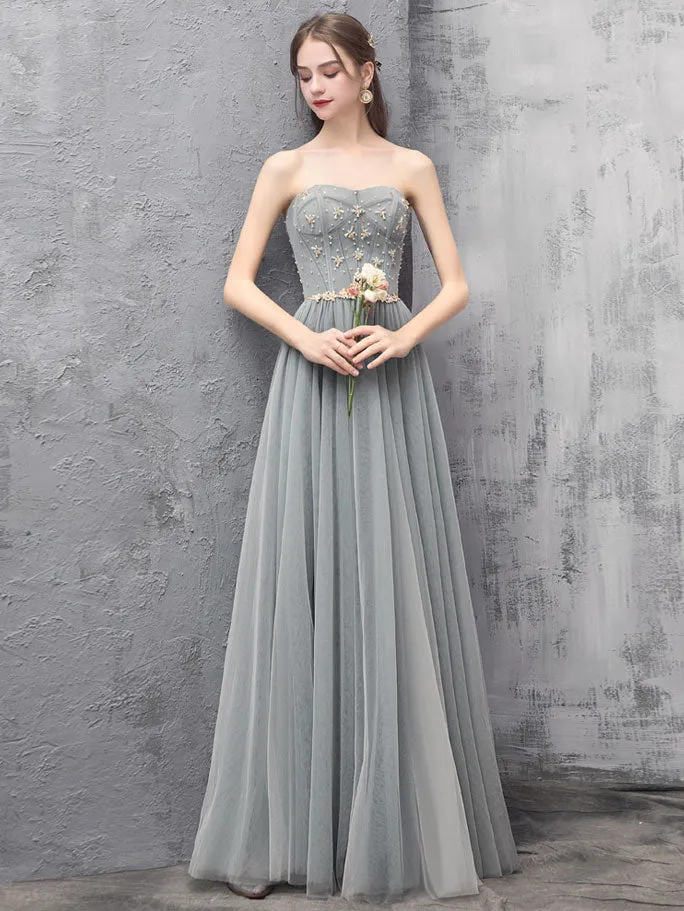 Gray A-line Tulle Long Prom Dress Gray A-line Formal Evening Dress