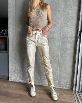 High-Waisted Metallic Tapered Slim-Fit Jeans