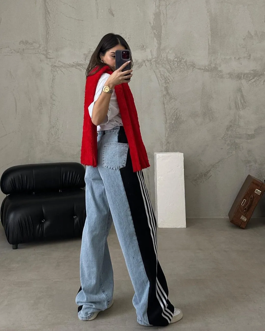 High Waisted Straight Pants Casual Pants Striped Patchwork Jeans Women