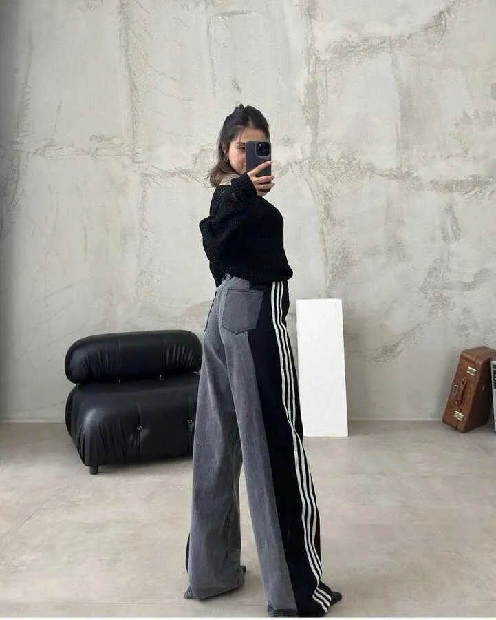 High Waisted Straight Pants Casual Pants Striped Patchwork Jeans Women