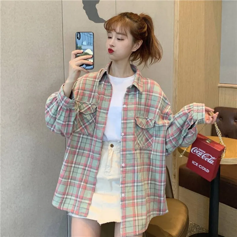 Joskaa Christmas Gift JMPRS Plaid Shirts Women Long Sleeve Casual Loose Fashion Simple All-match Students Button Up Korean Style Shirt New 2024 Tops