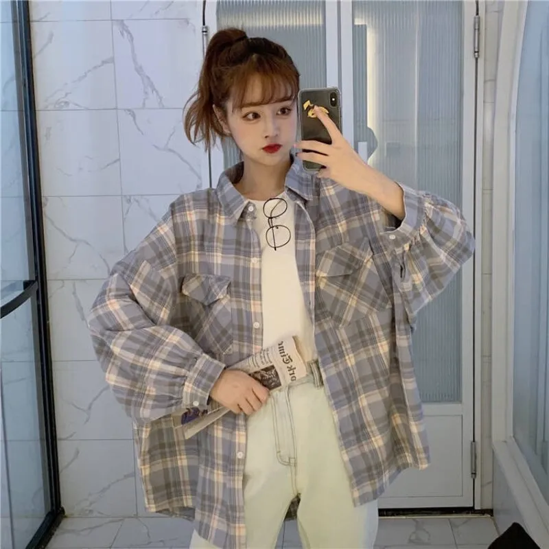 Joskaa Christmas Gift JMPRS Plaid Shirts Women Long Sleeve Casual Loose Fashion Simple All-match Students Button Up Korean Style Shirt New 2024 Tops