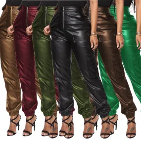 Ladies Mid Waist Multiple Pocket PU Leather Pants