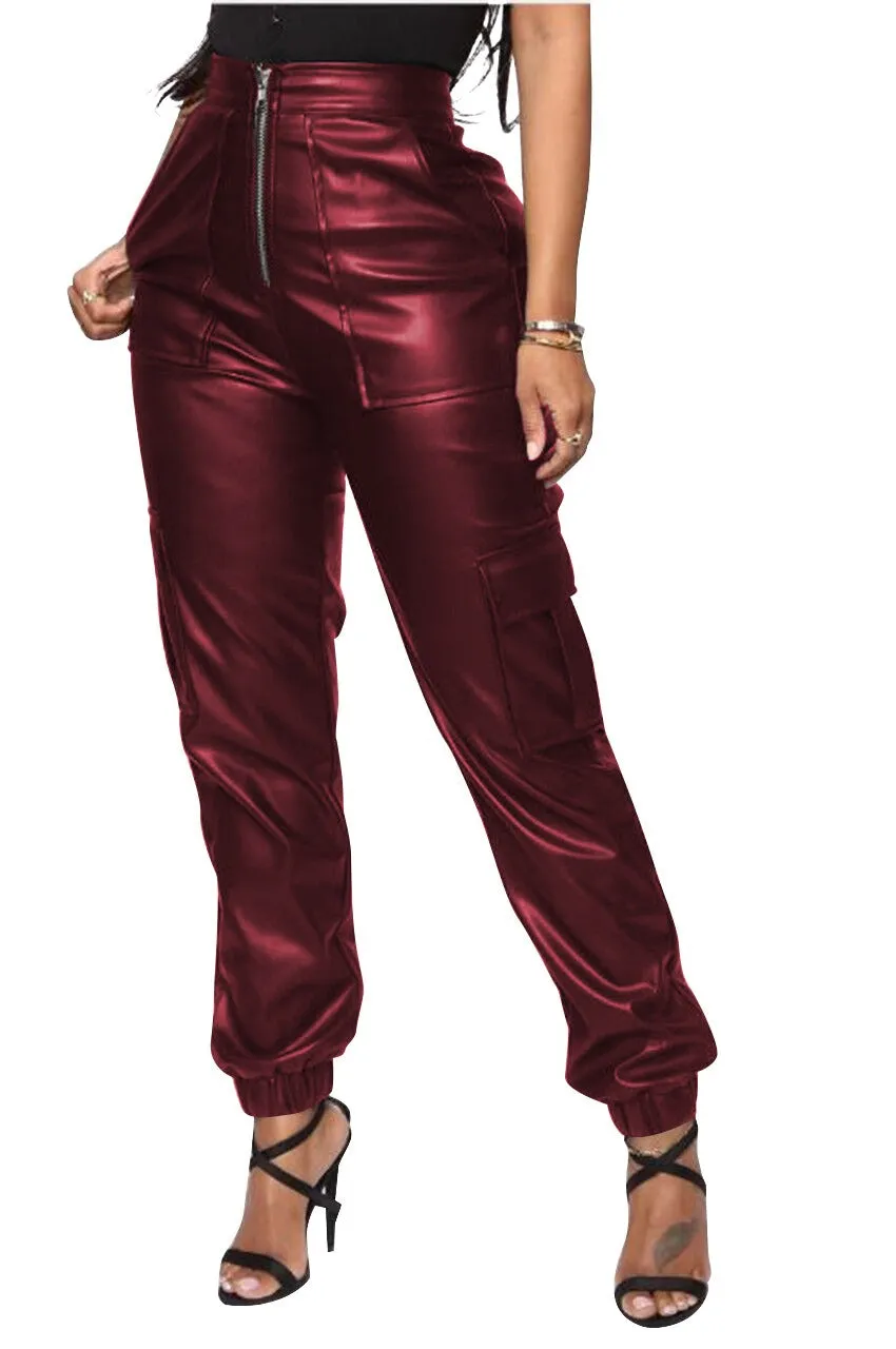 Ladies Mid Waist Multiple Pocket PU Leather Pants