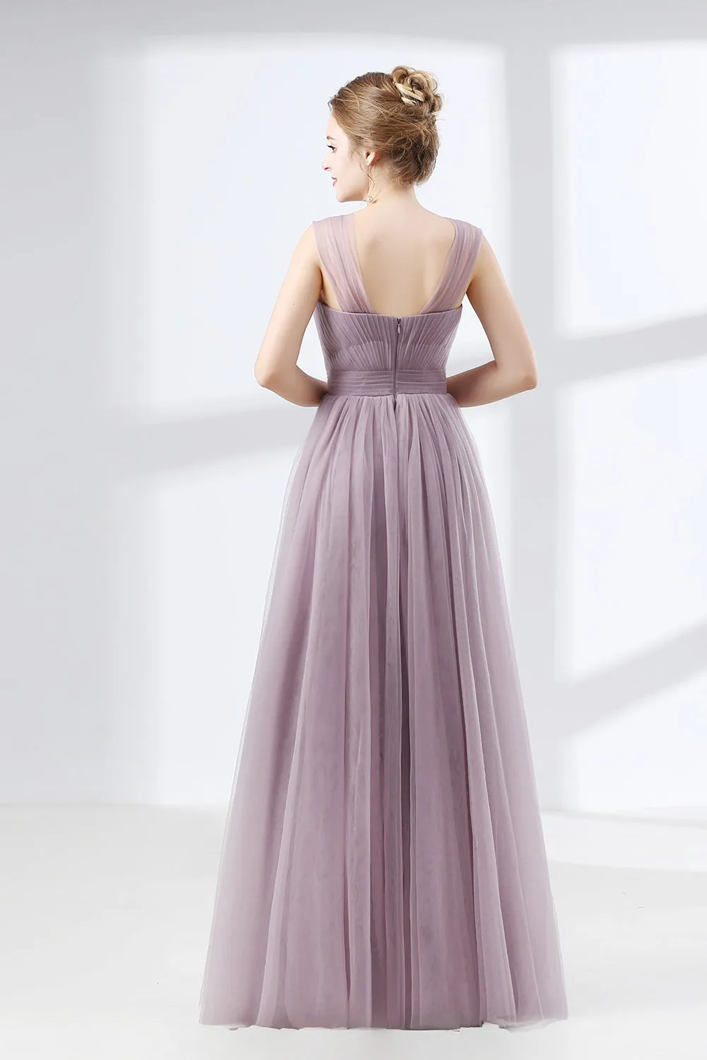 Lavender A-Line Sweetheart Floor-Length Tulle Pleated Bridesmaid Dresses