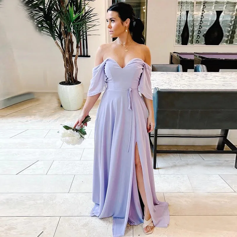 Lavender Chiffon Sweetheart Off-shoulder Cold Sleeves Side-slit A-line Long Bridesmaid Dresses, BD3283