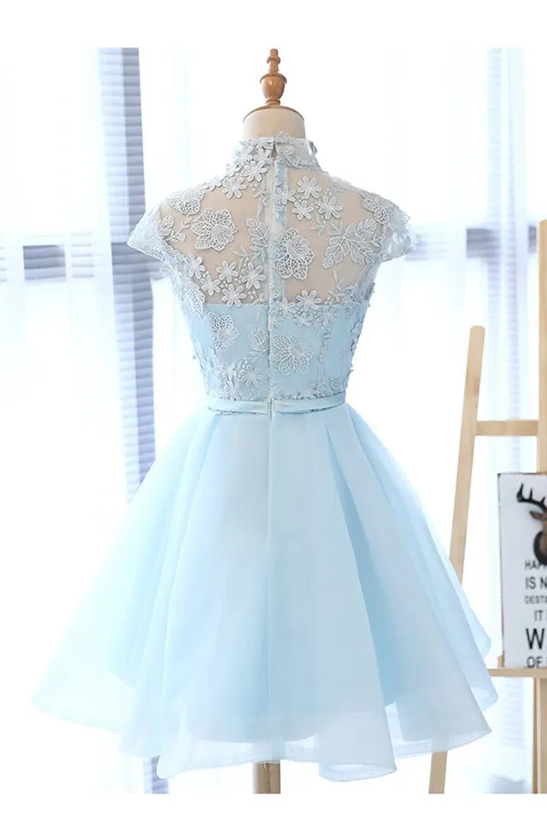 Light Blue A-line High Neck Cap Sleeves Homecoming Dress with Flowers, SH525