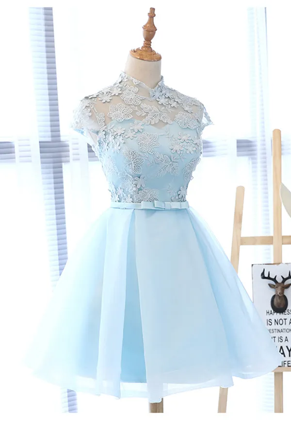 Light Blue A-line High Neck Cap Sleeves Homecoming Dress with Flowers, SH525