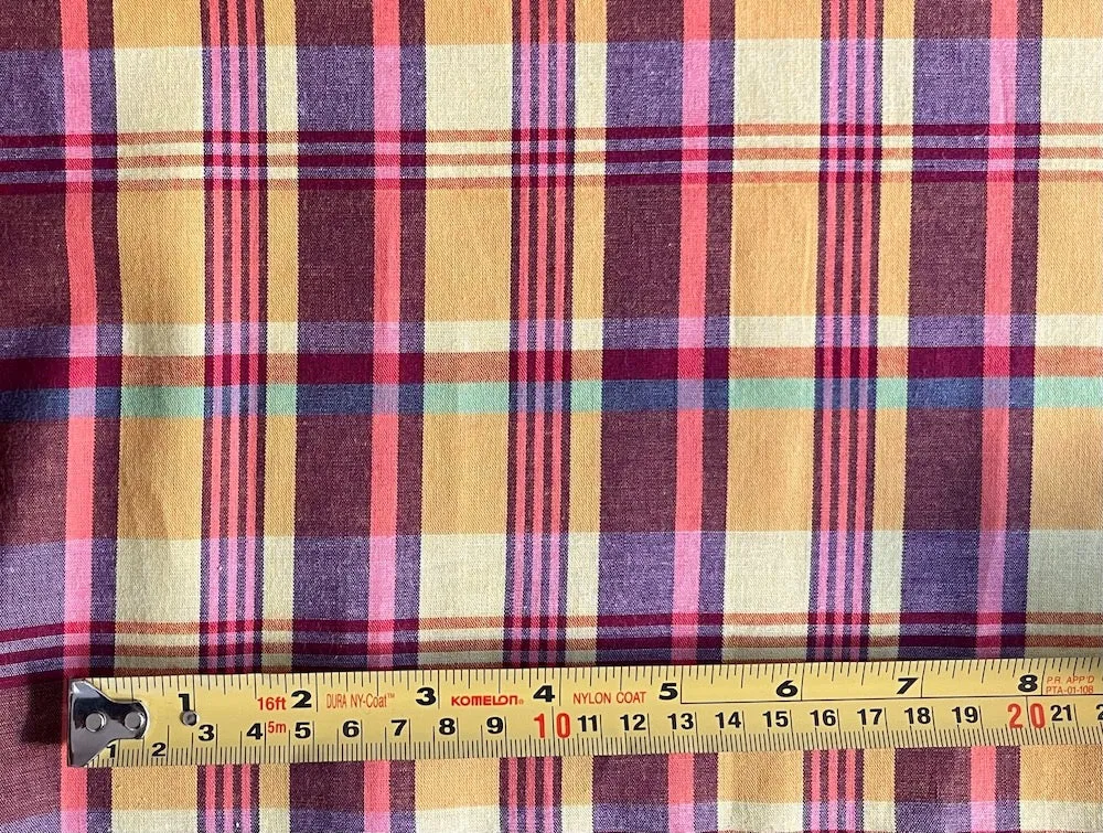 Light-Weight Sunny Lemon, Mango, Cantaloupe & Pomegranate Plaid Cotton (Made in Italy)