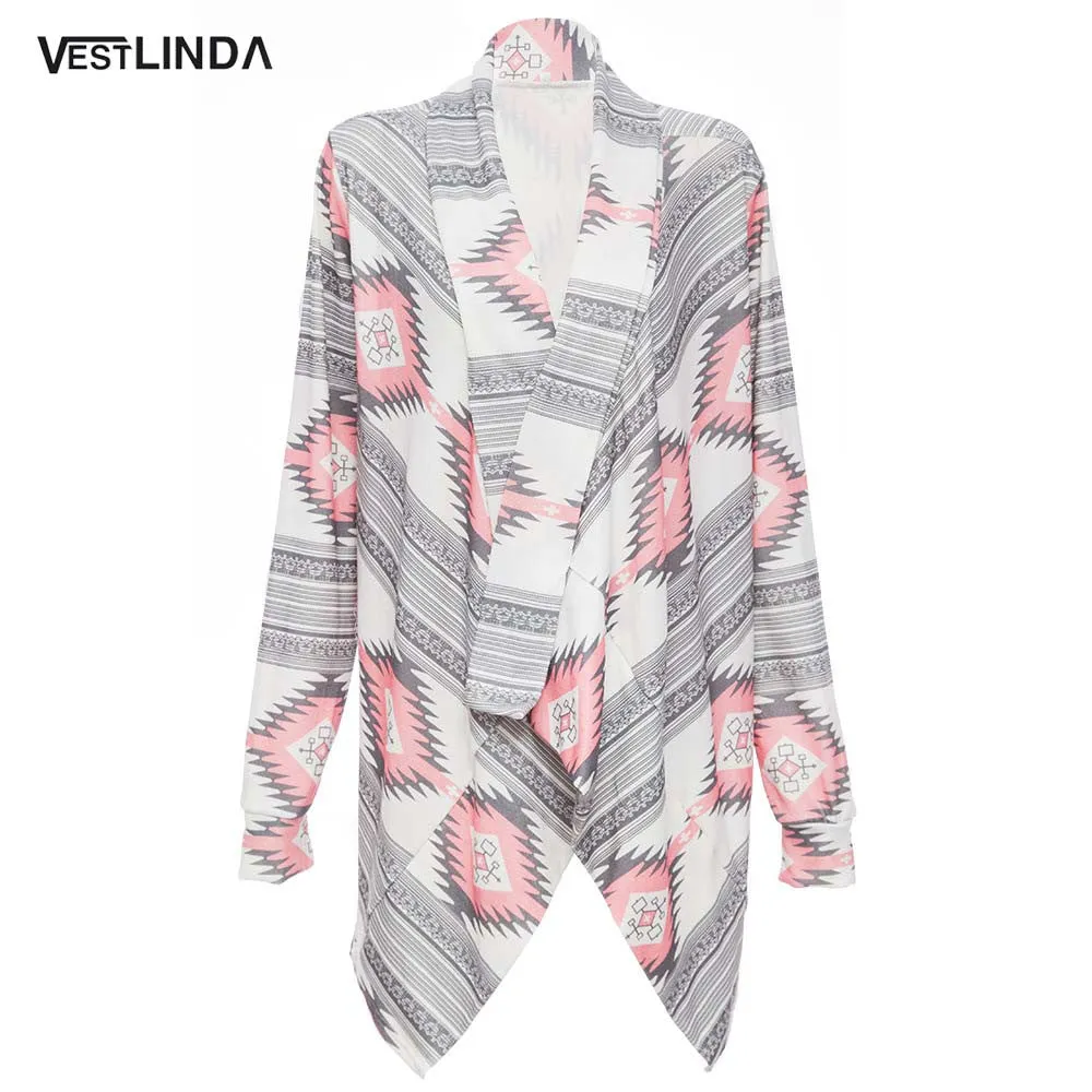 Long Cardigan Collarless shrug Long Sleeve Asymmetrical Printed for women