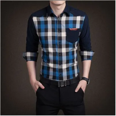 Men's boutique autumn slim fit pure cotton long sleeve Plaid Shirts Men fashion grid splicing casual Square shirt