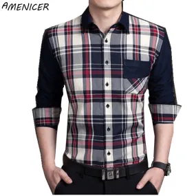 Men's boutique autumn slim fit pure cotton long sleeve Plaid Shirts Men fashion grid splicing casual Square shirt