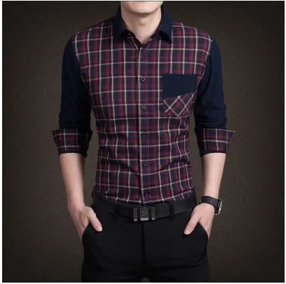 Men's boutique autumn slim fit pure cotton long sleeve Plaid Shirts Men fashion grid splicing casual Square shirt