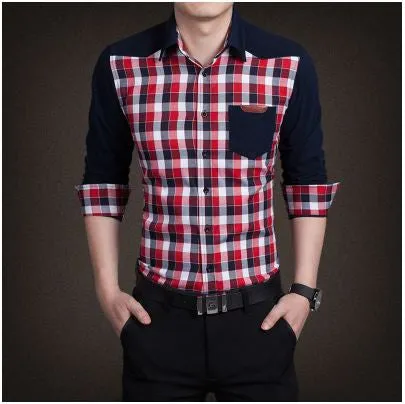 Men's boutique autumn slim fit pure cotton long sleeve Plaid Shirts Men fashion grid splicing casual Square shirt