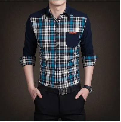 Men's boutique autumn slim fit pure cotton long sleeve Plaid Shirts Men fashion grid splicing casual Square shirt