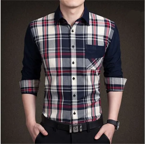 Men's boutique autumn slim fit pure cotton long sleeve Plaid Shirts Men fashion grid splicing casual Square shirt