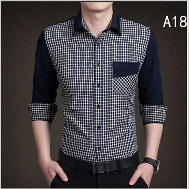 Men's boutique autumn slim fit pure cotton long sleeve Plaid Shirts Men fashion grid splicing casual Square shirt