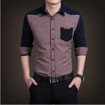 Men's boutique autumn slim fit pure cotton long sleeve Plaid Shirts Men fashion grid splicing casual Square shirt