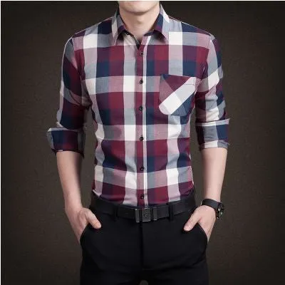 Men's boutique autumn slim fit pure cotton long sleeve Plaid Shirts Men fashion grid splicing casual Square shirt