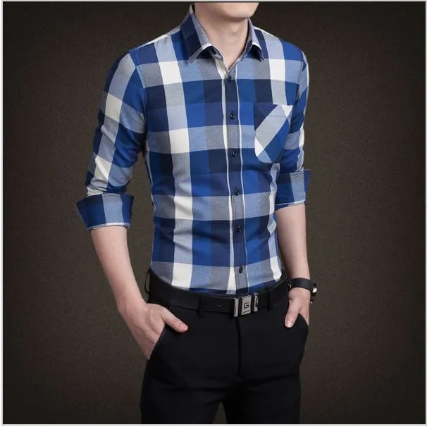 Men's boutique autumn slim fit pure cotton long sleeve Plaid Shirts Men fashion grid splicing casual Square shirt