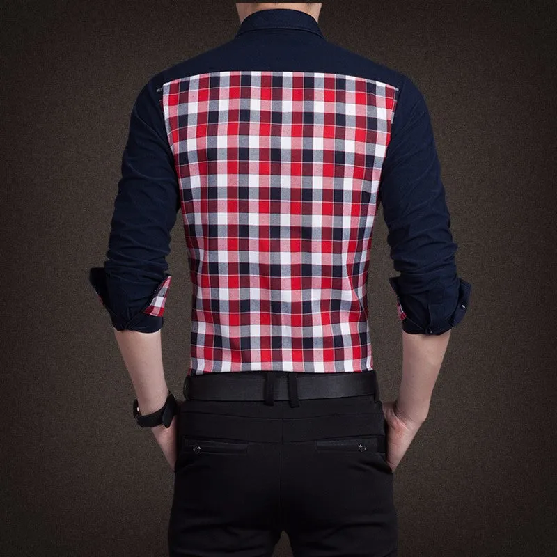 Men's boutique autumn slim fit pure cotton long sleeve Plaid Shirts Men fashion grid splicing casual Square shirt