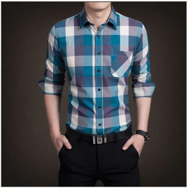 Men's boutique autumn slim fit pure cotton long sleeve Plaid Shirts Men fashion grid splicing casual Square shirt