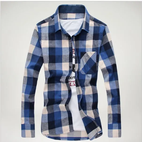 Men's boutique autumn slim fit pure cotton long sleeve Plaid Shirts Men fashion grid splicing casual Square shirt