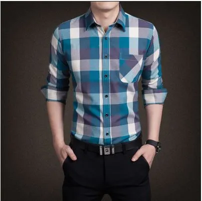 Men's boutique autumn slim fit pure cotton long sleeve Plaid Shirts Men fashion grid splicing casual Square shirt