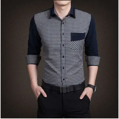 Men's boutique autumn slim fit pure cotton long sleeve Plaid Shirts Men fashion grid splicing casual Square shirt