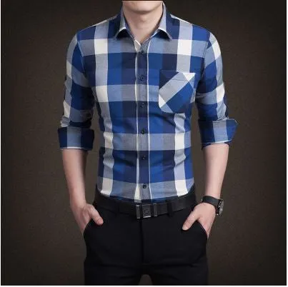 Men's boutique autumn slim fit pure cotton long sleeve Plaid Shirts Men fashion grid splicing casual Square shirt