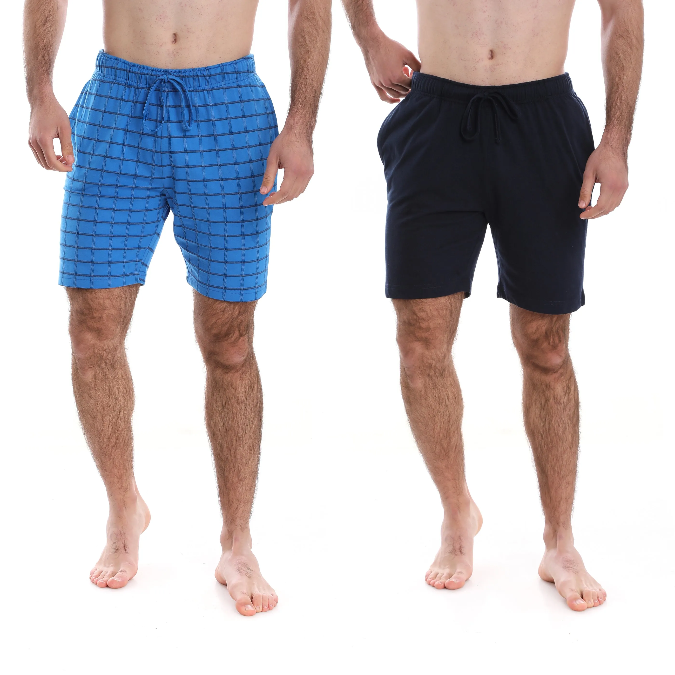 MEN’S PLAID TURQUOISE/NAVY KNIT COTTON BLEND LOUNGE SHORTS - 2 PK