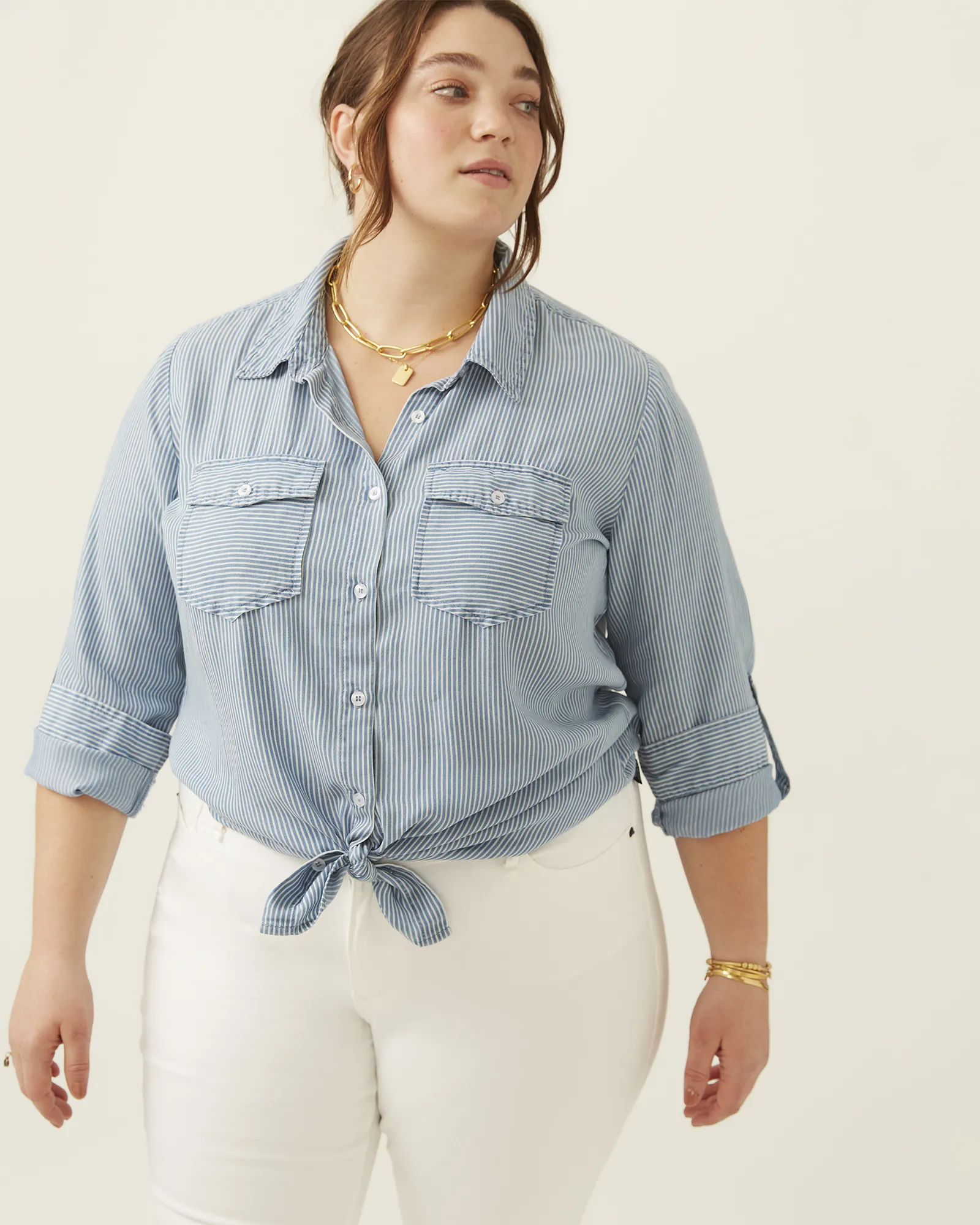 Myla Button-Down Chambray Shirt | Light Blue / White