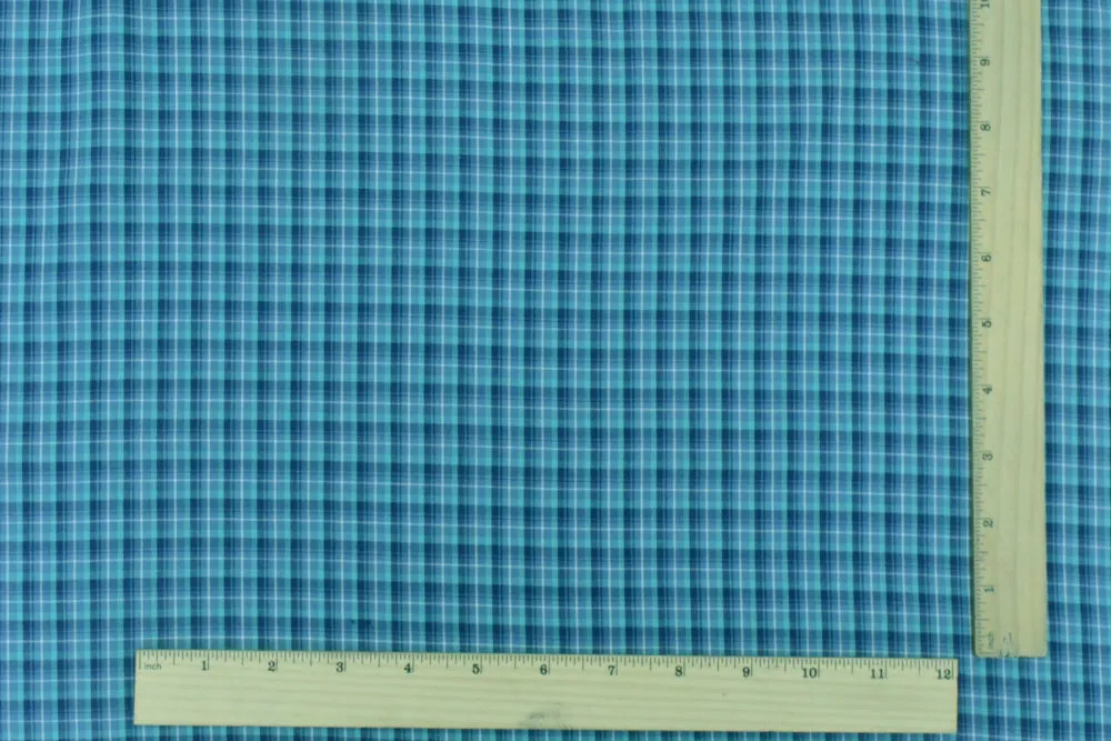 Navy Blue-Teal-Multi Plaid Cotton-Polyester Madras Woven Fabric