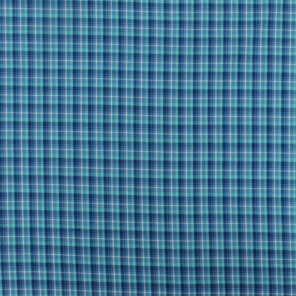 Navy Blue-Teal-Multi Plaid Cotton-Polyester Madras Woven Fabric