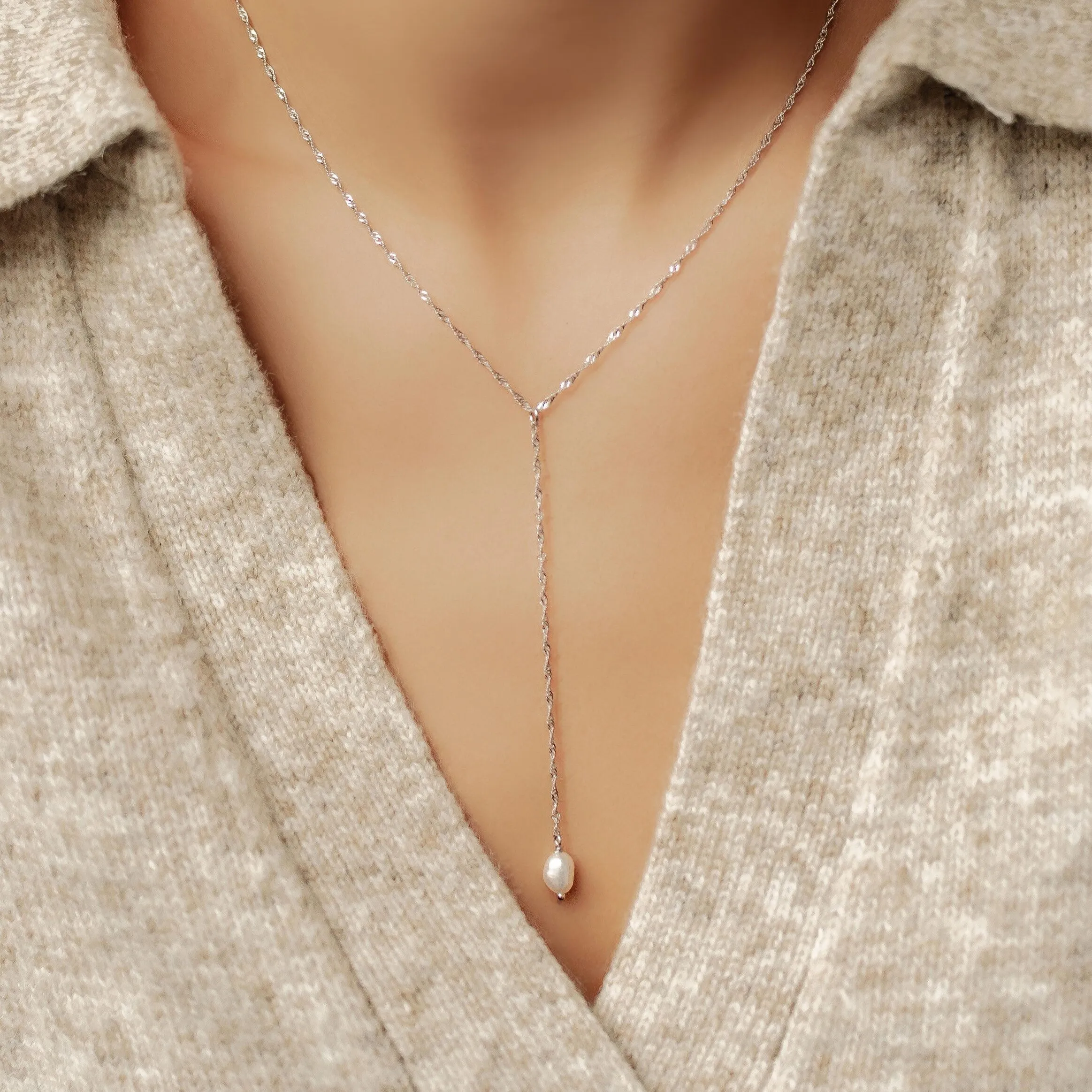 Pearl Pendant Lariat Necklace Sterling Silver