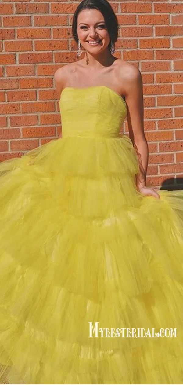 Pretty Yellow Sweetheart A-line Tulle Long Prom Dresses, PDS0111