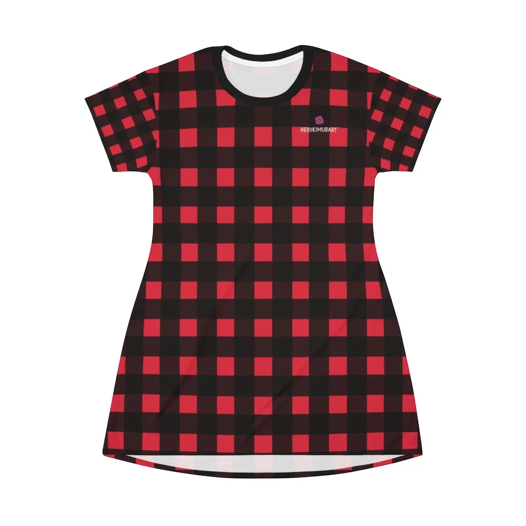 Red Buffalo T-Shirt Dress, Black and Red Buffalo Plaid Print Women's Tee Shirt Dress - Made in USA