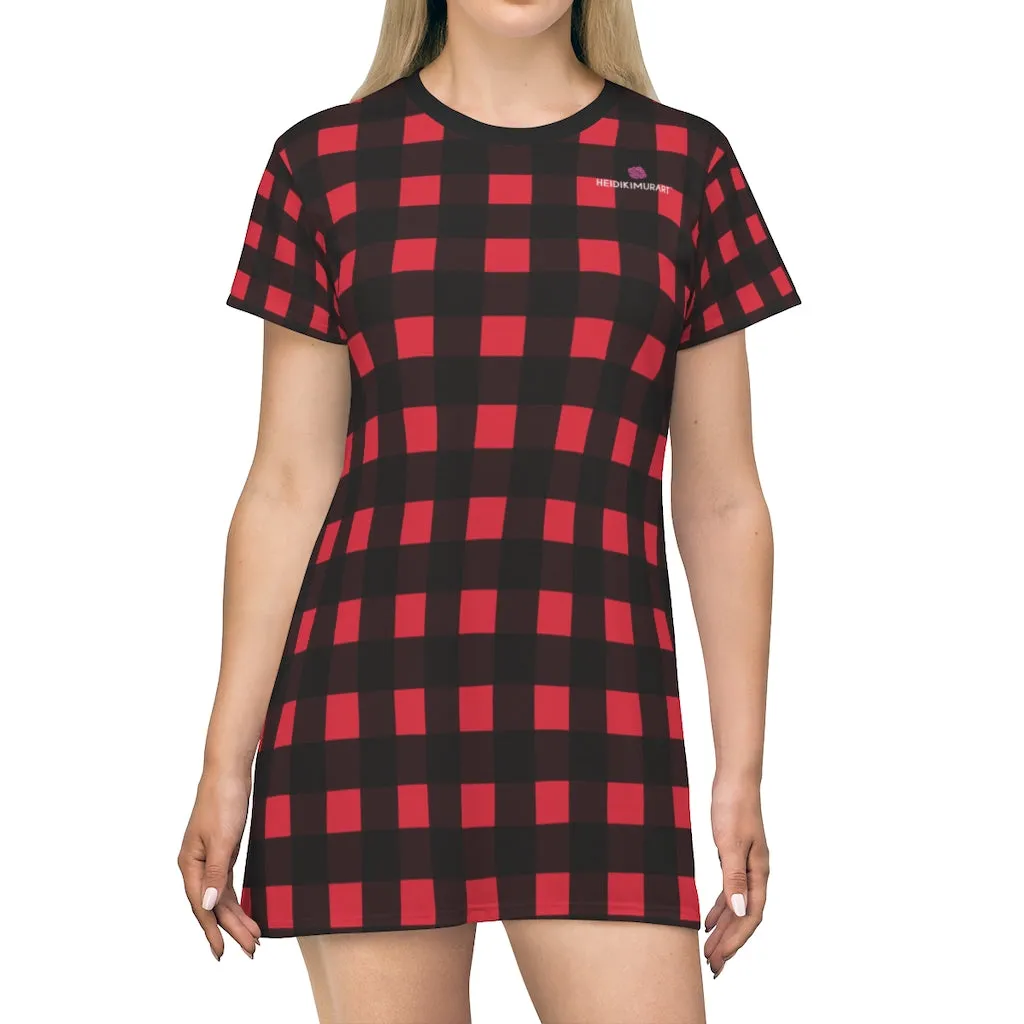 Red Buffalo T-Shirt Dress, Black and Red Buffalo Plaid Print Women's Tee Shirt Dress - Made in USA