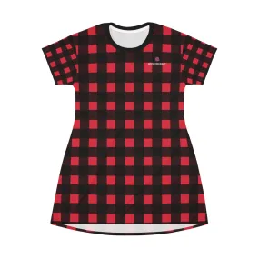 Red Buffalo T-Shirt Dress, Black and Red Buffalo Plaid Print Women's Tee Shirt Dress - Made in USA