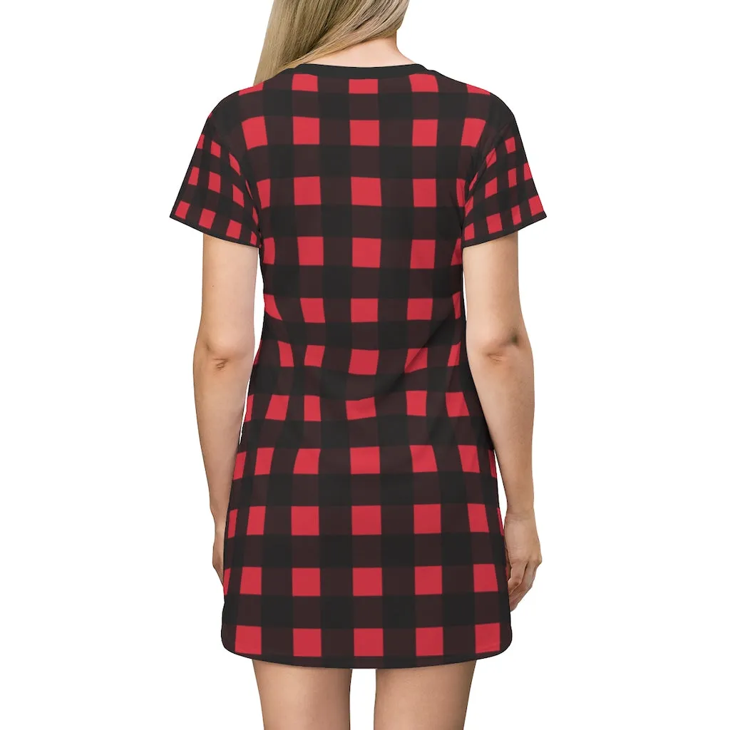 Red Buffalo T-Shirt Dress, Black and Red Buffalo Plaid Print Women's Tee Shirt Dress - Made in USA