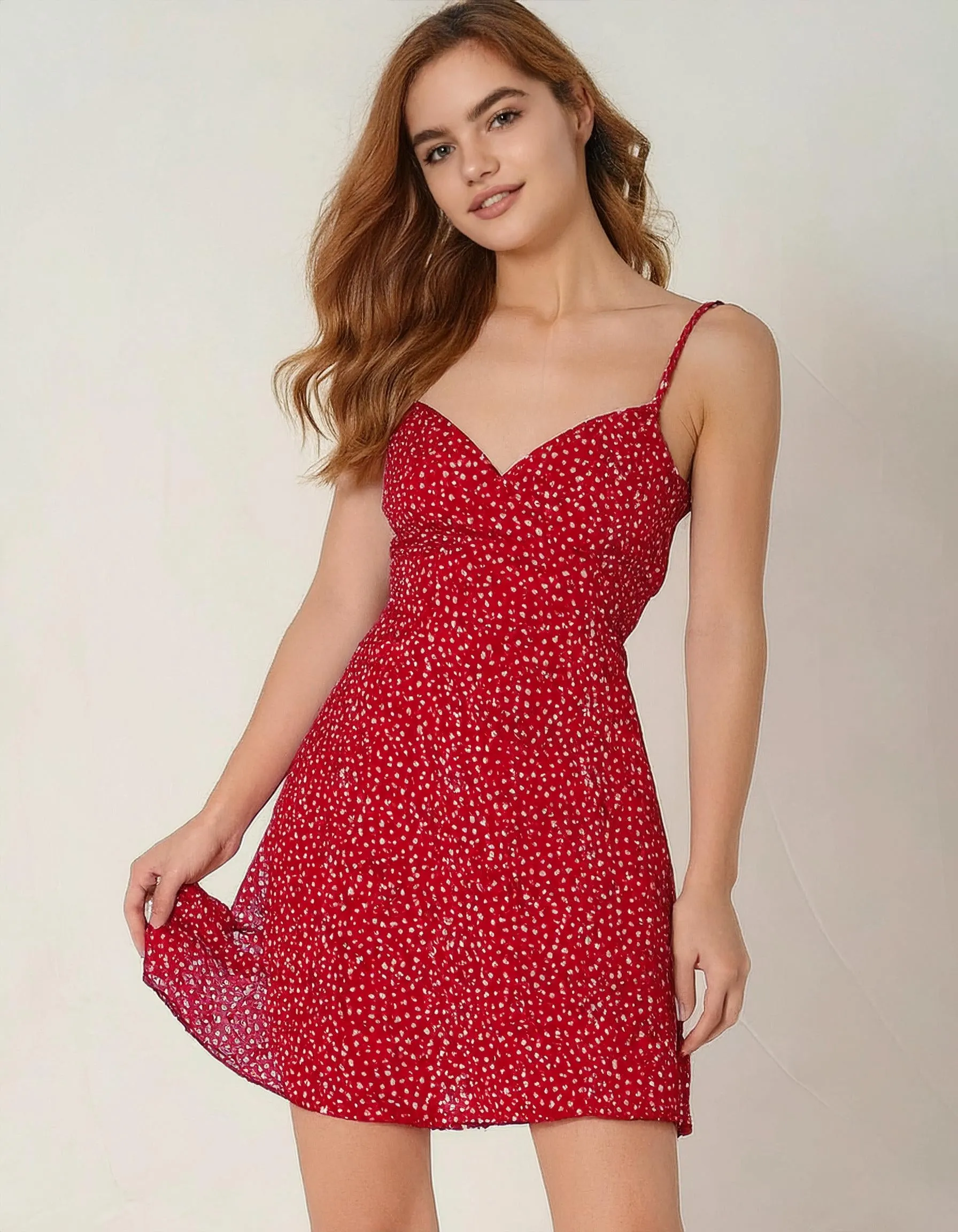 Red Floral A-Line Dress with Ruffled Hem