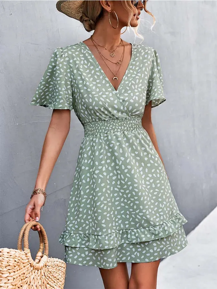 Sexy V Neck Floral Slim Short Lotus Leaf Sleeve Elegant A-Line Dress